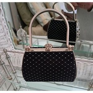 Elegant Black Satin Evening Bag with Silver Fleck and Silver Accents.